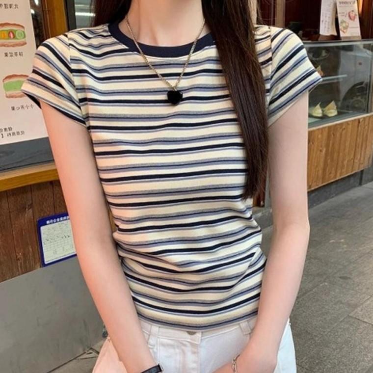 여성 빈티지 단정한 컬러 스트라이프 반팔티 1P 슬림핏 베이직 티셔츠
