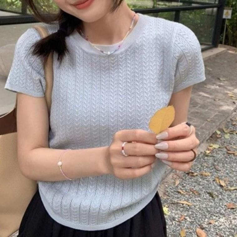 여성 꽈배기 산뜻한 펀칭 니트 반팔티 1P 라운드 봄여름 데일리 티셔츠