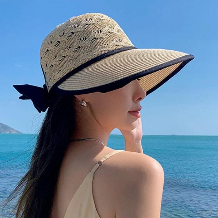 여성 산뜻한 무늬 짜임 와이드 밀짚 모자 1P 뒷리본 버킷햇 휴양지 비치
