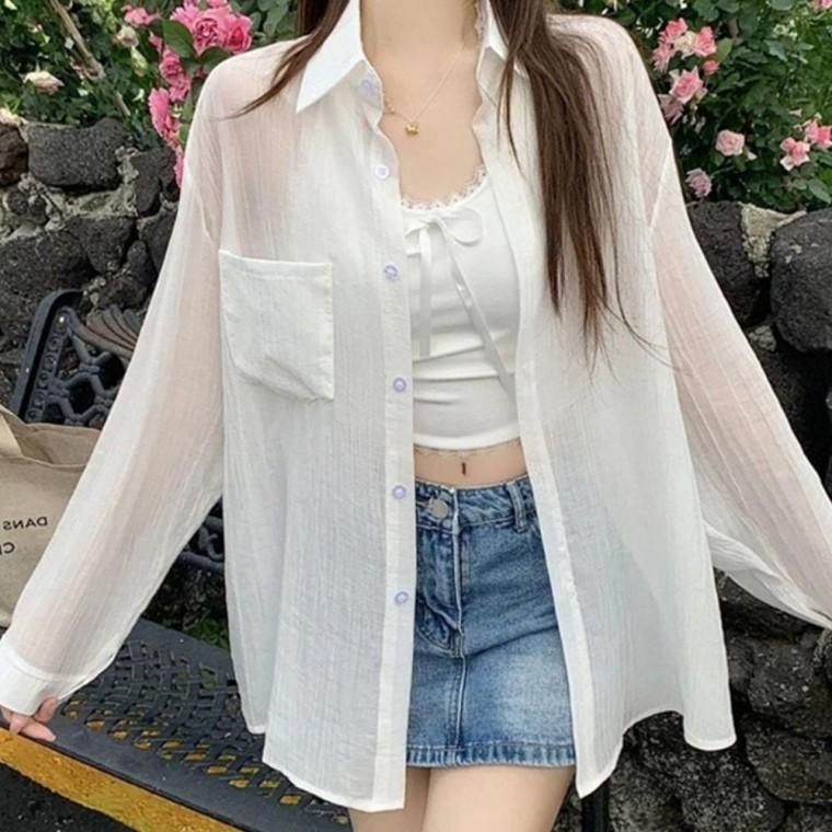 여성 핏감좋은 얇은 시스루 썸머 카라 셔츠 1P 에어컨 커버업 남방 해변