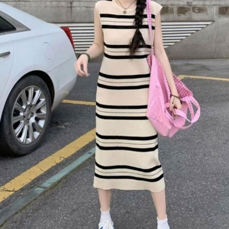 스트라이프 민소매 우아한 나시 롱 원피스 여름 캐주얼 내추럴