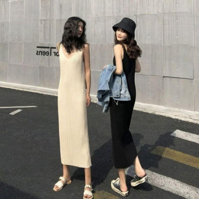 민소매 브이넥 깔끔한 슬립 링클 롱 원피스 여름 나시 휴양지