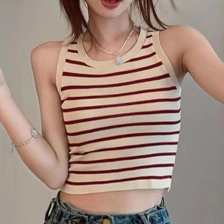 우먼즈 스트라이프 모던한 짧은기장 나시 민소매 티셔츠 이너티