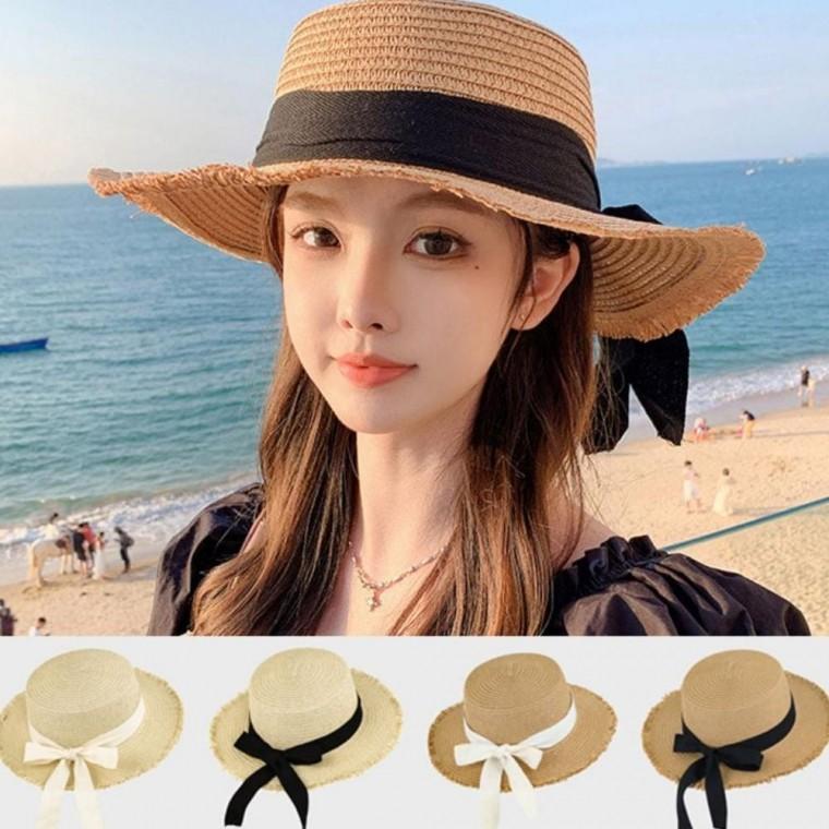 우먼즈 예쁜 끝단 구성좋은 테슬 일상룩 햇빛차단 빅리본 밀짚 모자