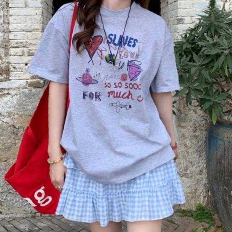 스크립블 포근한 프린팅 여성 베이직 라운드넥 반팔 티셔츠