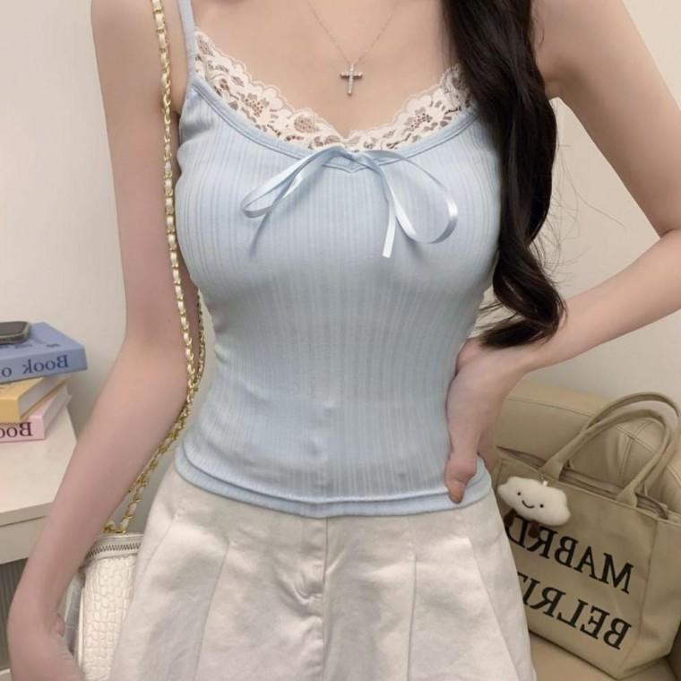 스카이 나시 부드러운 레이스 브이넥 라인핏 우먼즈 끈나시