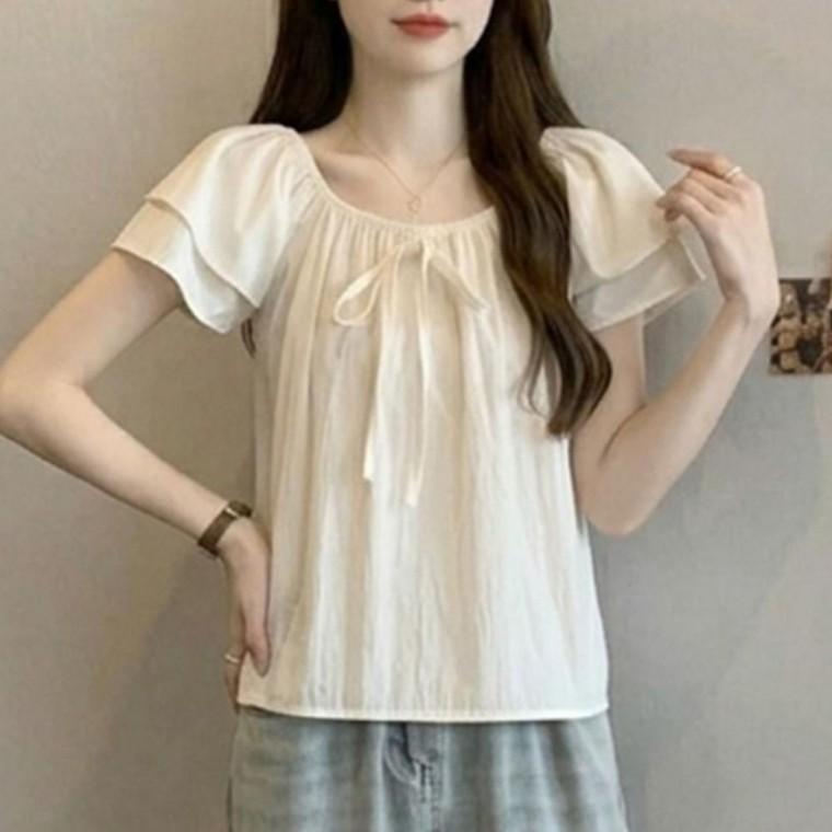 여성 넥밴딩 감각적인 리본 반팔 블라우스 1P 오프숄더 레이어드 소매 예쁜
