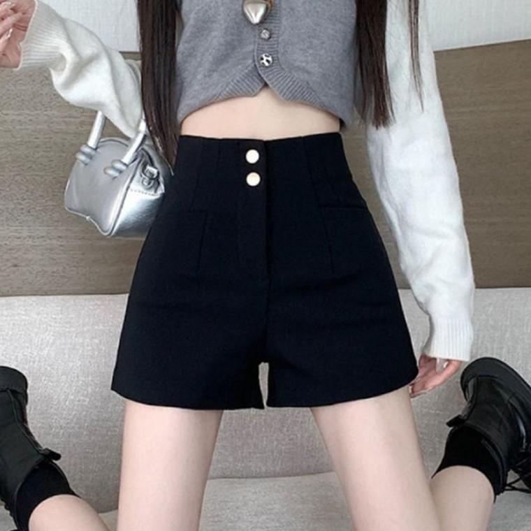 여성 투버튼 여유로운 하이웨스트 숏팬츠 블랙 1P 봄가을 데이트 반바지