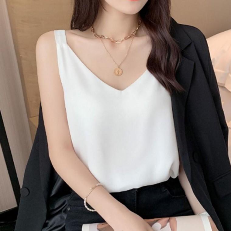 우먼즈 V넥 탄탄한 기본 나시 1P 민소매 정장 안감용 셔츠 면접 오피스
