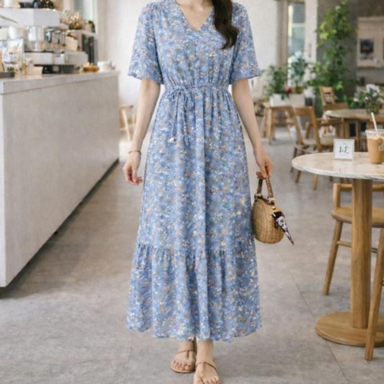 우먼즈 플라워 활동편한 패턴 허리 조임끈 블루 1P V넥 반팔 스커트 여름