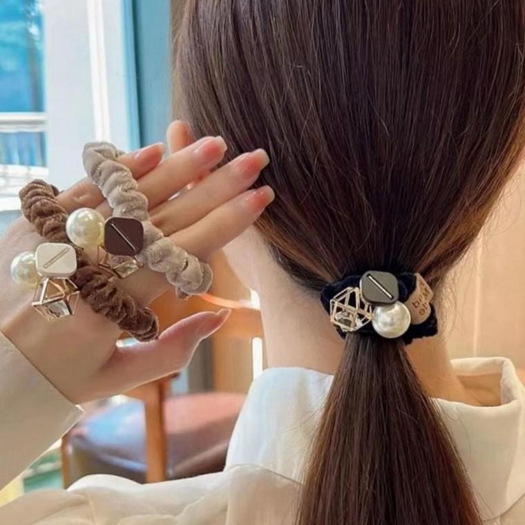우먼즈 예쁜 내추럴한 기하학 진주 포인트 패브릭 펜던트 머리끈 구성