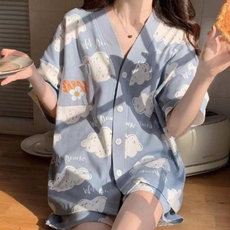 여성 감각적인 귀여운 캐릭터 반팔 잠옷 세트 1P 반바지 홈웨어 파자마 셋업