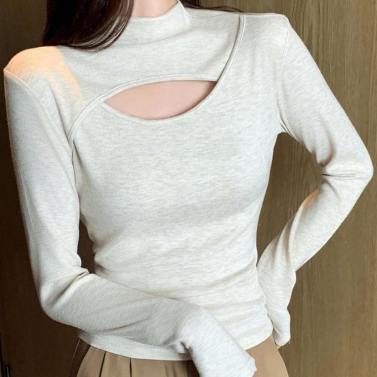 우먼즈 유니크 활동적인 컷아웃 감각적 트임 반하이넥 라인핏 티셔츠
