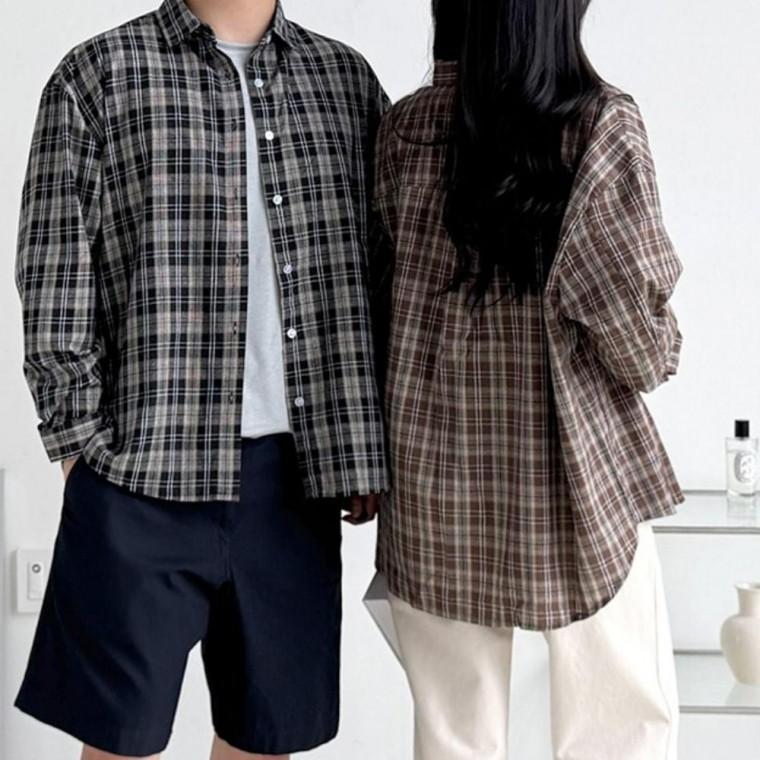 공용핏 클래식 체크 은은한 패턴 일상룩 커플룩 캐주얼 남방 셔츠