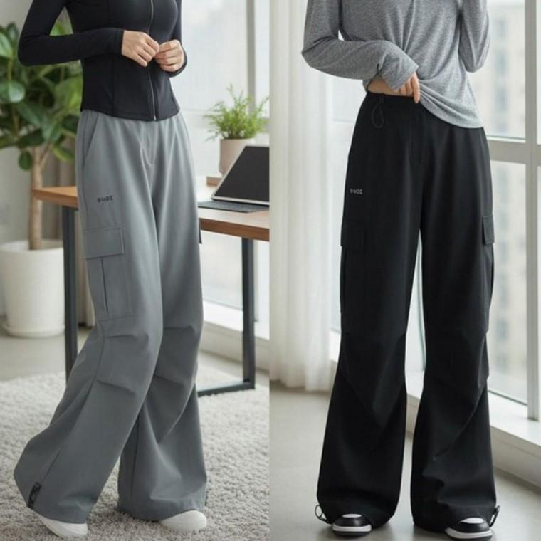 우먼즈 더블 자연스러운 조임끈 카고 포켓 와이드 조거 데일리 캐주얼 바지