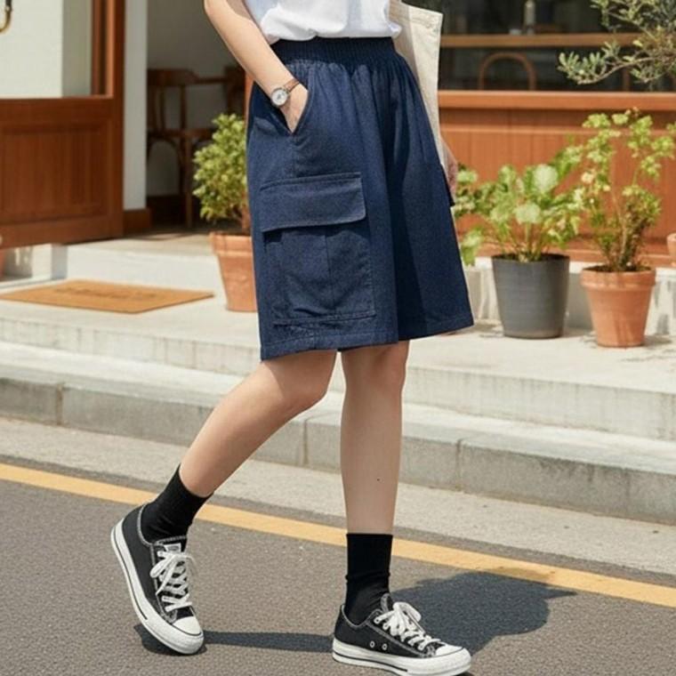 우먼즈 감각핏 기분좋은 벌룬 핏 카고 포켓 허리 밴딩 버뮤다 반바지