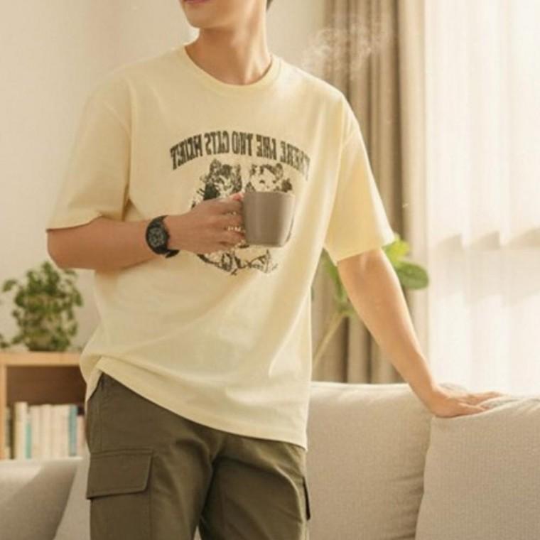 공용스타일 귀여운 산뜻한 고양이 프린팅 박시핏 일상룩 캐주얼 티셔츠