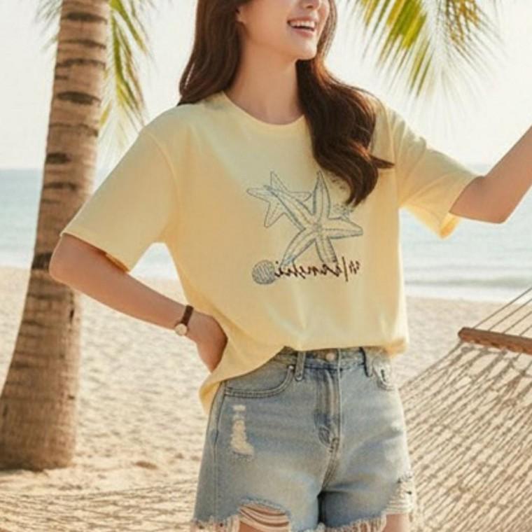 불가사리 조개 기분좋은 그래픽 프린팅 해변 여유핏 썸머 반팔티