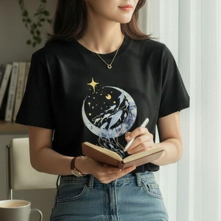 우먼즈 문돌고래 깔끔라인 아트워크 나염 스탠다드 핏 일상룩 반팔티