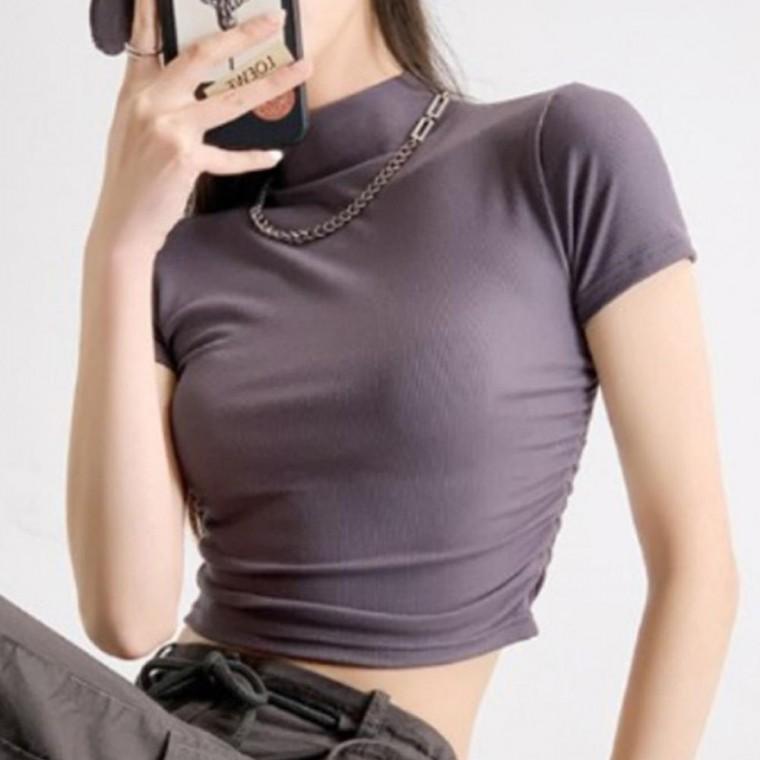 여성 시원한 반폴라 골지 크롭 반팔티 1P 베이직 데일리 여름 티셔츠 셔링