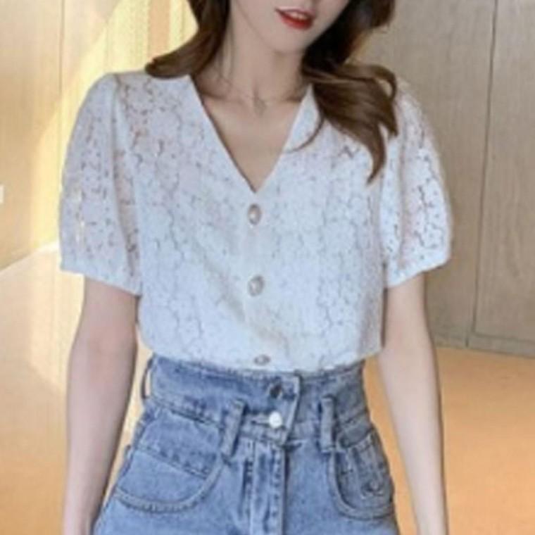 여성 플라워 데일리한 레이스 반팔 블라우스 화이트 1P 퍼프 소매 데이트룩