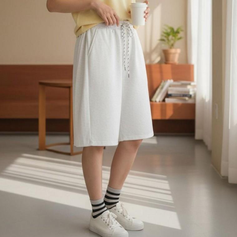 우먼즈 사이드 착용편한 주름 벌룬 허리 허리밴드 스트링 데일리 반바지