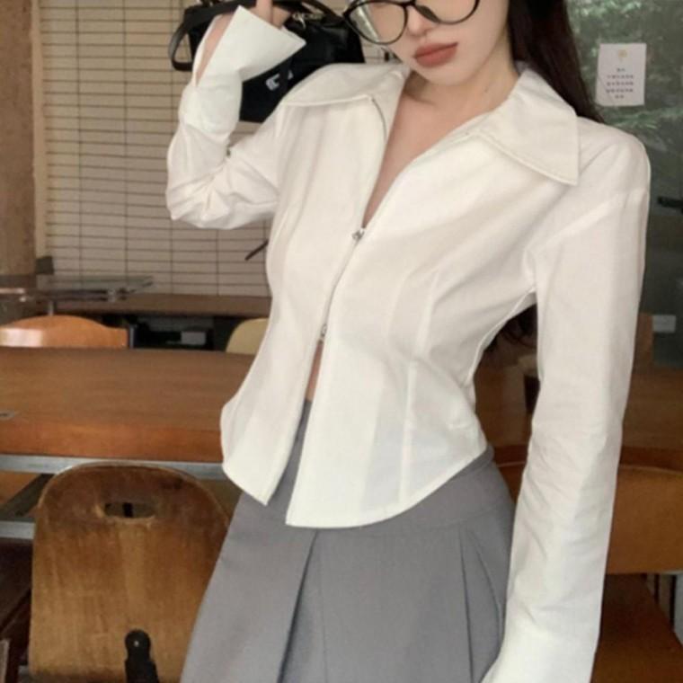 여성 투웨이 깔끔한 집업 카라 셔츠 화이트 1P 데일리 슬림 블라우스 스타일