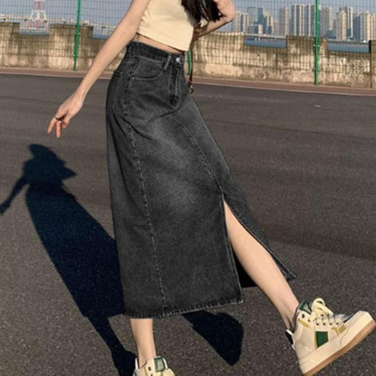 여성 단정한 밑단 앞트임 데님 스커트 1P 활동성 편한 데일리 청치마