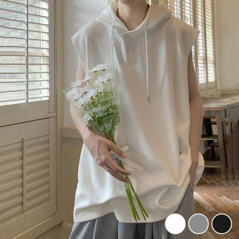 루즈핏 부드러운 와플 원단 데일리 후드 남성 민소매 티셔츠