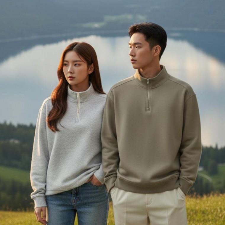 남자 루즈핏 무지 맨투맨 남녀공용 반집업 카라 긴팔 티셔츠 봄 가을