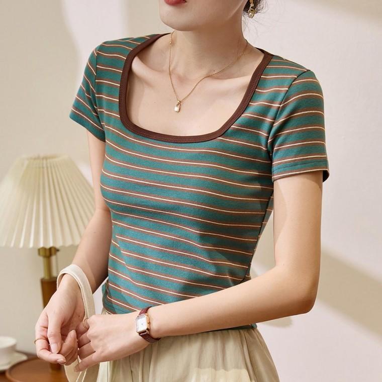 프렌치 무드 스트라이프 스퀘어넥 반팔 티셔츠