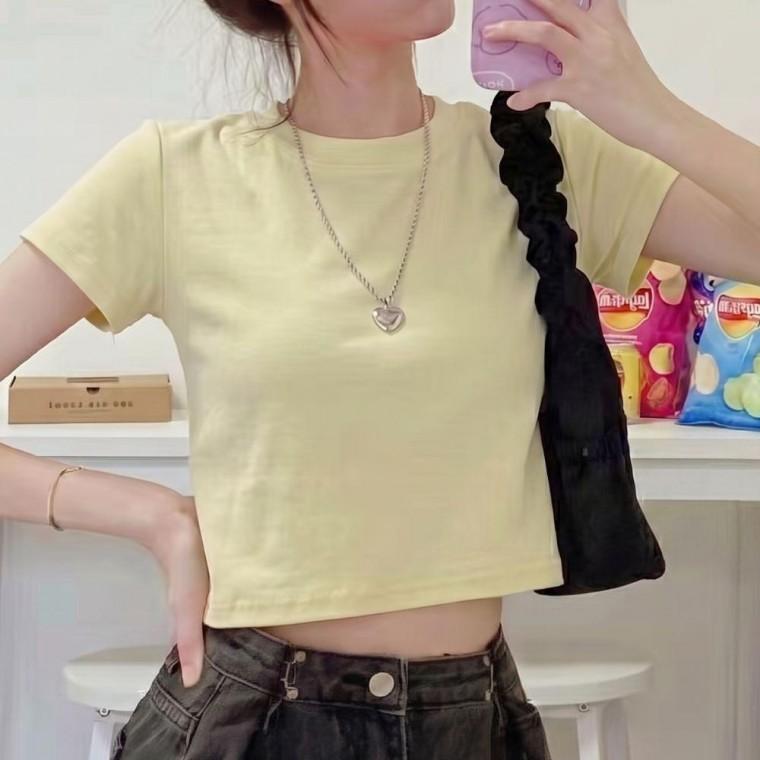 크롭 반팔티 베이직 스판 라운드넥 데일리 티셔츠