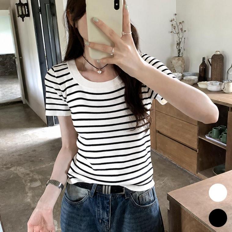 URK-577 여성 줄무늬 라인 U넥 반팔 니트