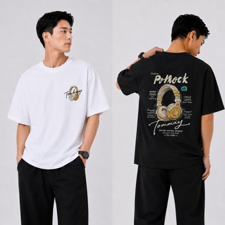 남성 데일리 스트릿 감각 헤드폰 프린트 여름 캐주얼 반팔티셔츠