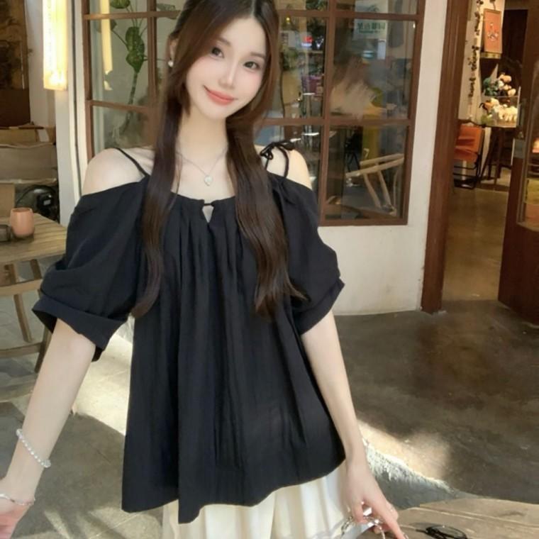 오프 숄더 반팔 블라우스 리본 여름 어깨 트임 어깨끈 끈나시 루즈핏 캐주얼 데일리
