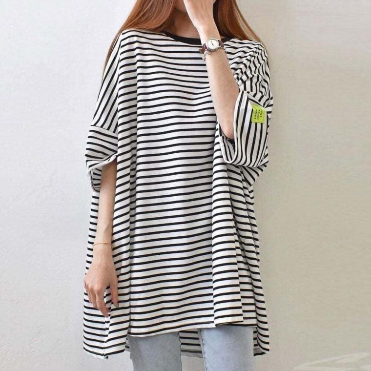 반팔티 롱티셔츠 스마트 단가라 여름 스트라이프 여자 오버핏 2color