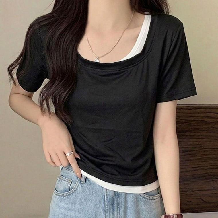 배색 여자 스마트 레이어드 2color 티셔츠 반팔티 여름 두겹