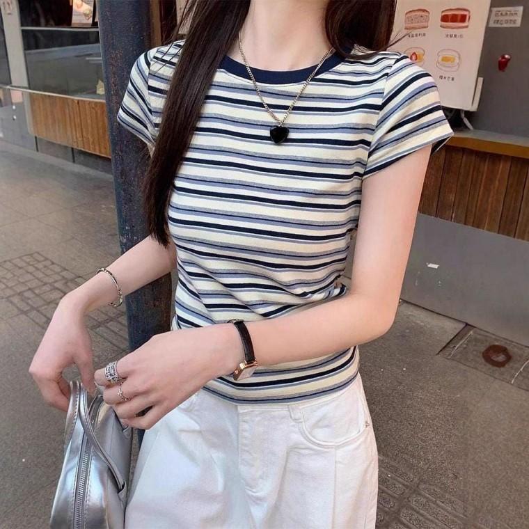 단가라 라운드넥 이지 여자 여름 반팔티 슬림핏 2color 배색