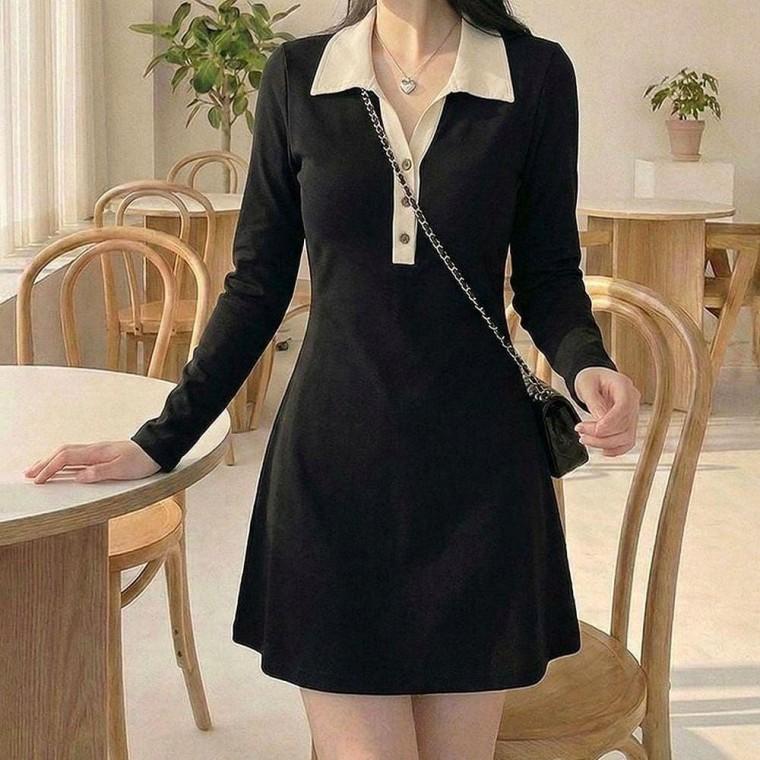 카라 블랙 베이직 하객룩 미니 컬러배색 A라인 여성 원피스