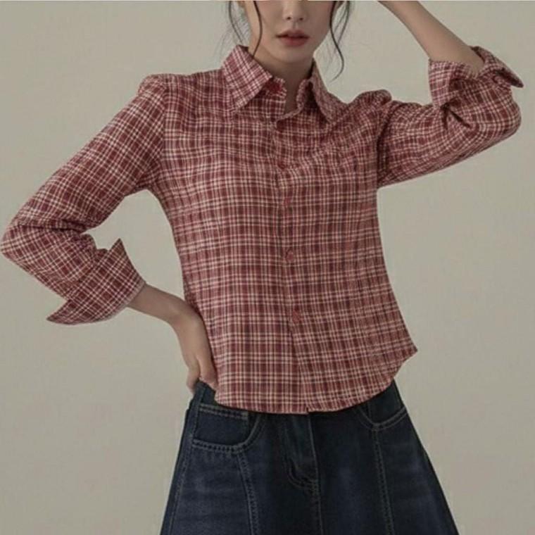 봄 가을 스마트 체크남방 카라 2color 슬림핏 셔츠 여성