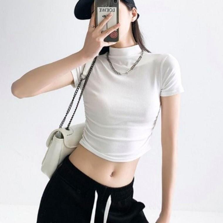 크롭 여름 데일리 쫀쫀 반팔티 4color 배꼽티 여성 반목 슬림핏