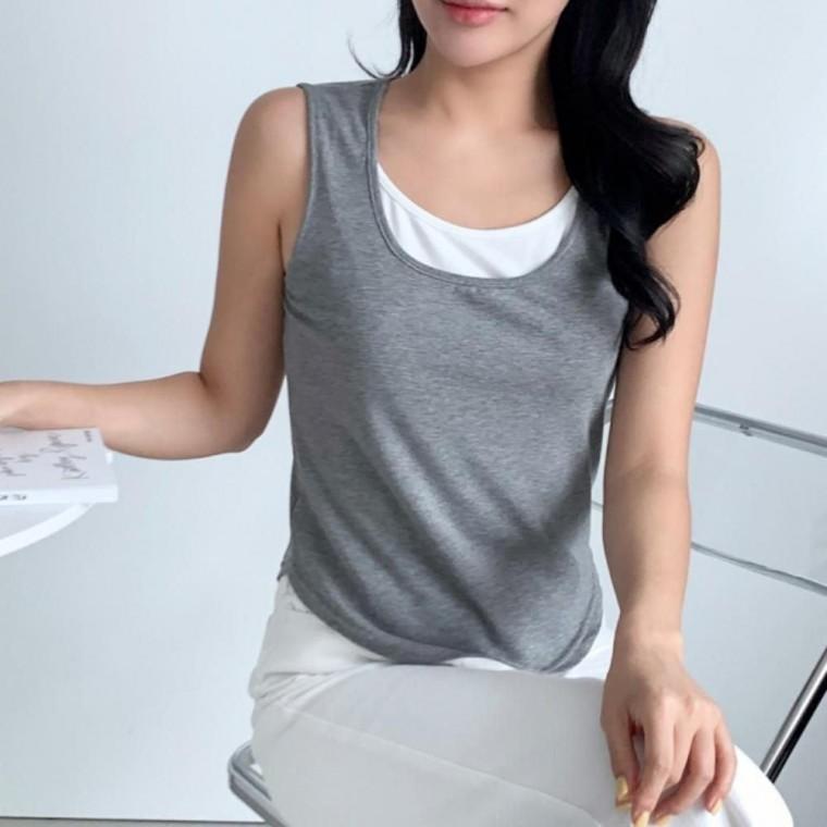 스쿱넥 컬러배색 편안 슬리브리스 여성 레이어드 민소매 티셔츠