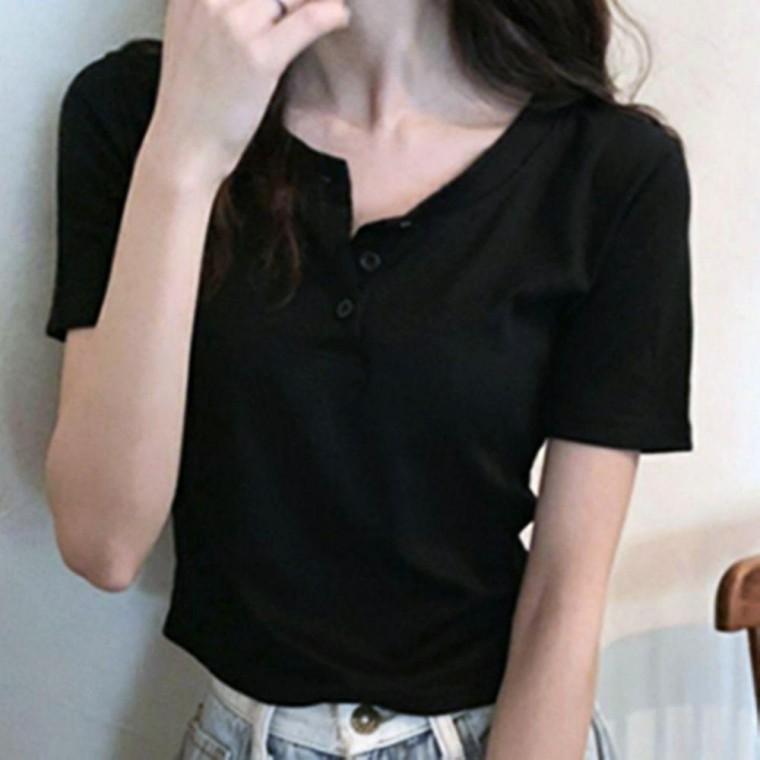 여성 버튼티 정돈 여름 라운드넥 반팔 티셔츠 상의 3색