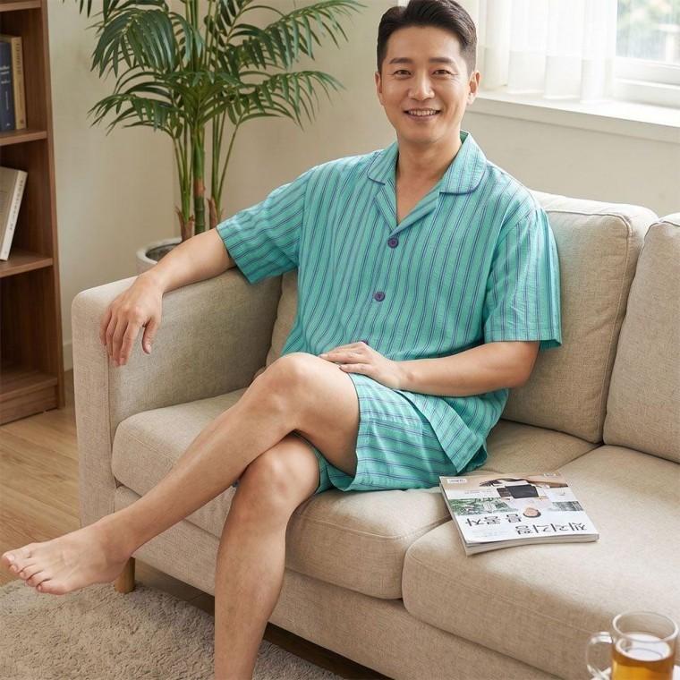 남성 여름 빅 인견 잠옷 스트라이프 반팔 반바지 세트