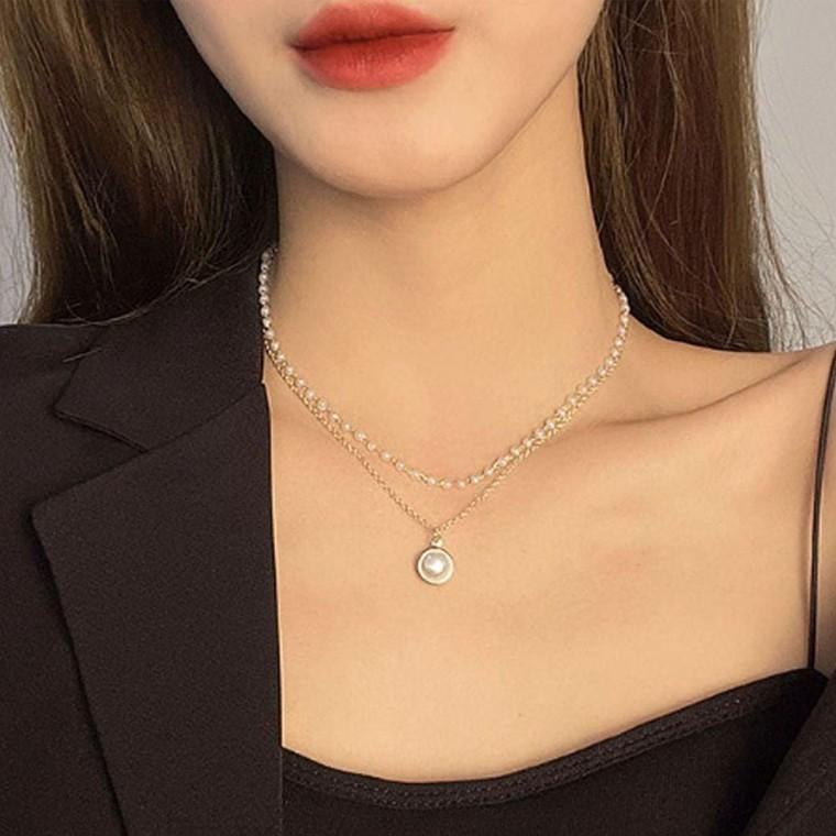 여자 목걸이 세련된 더블체인 펄 네크리스 진주 레이어드