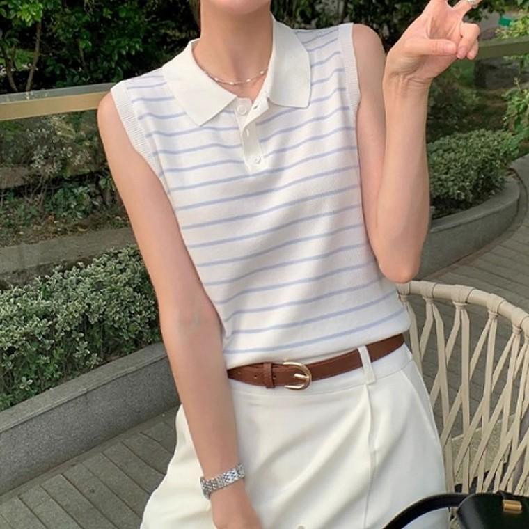 여성 여름 라운딩룩 니트카라 민소매 골프 티셔츠