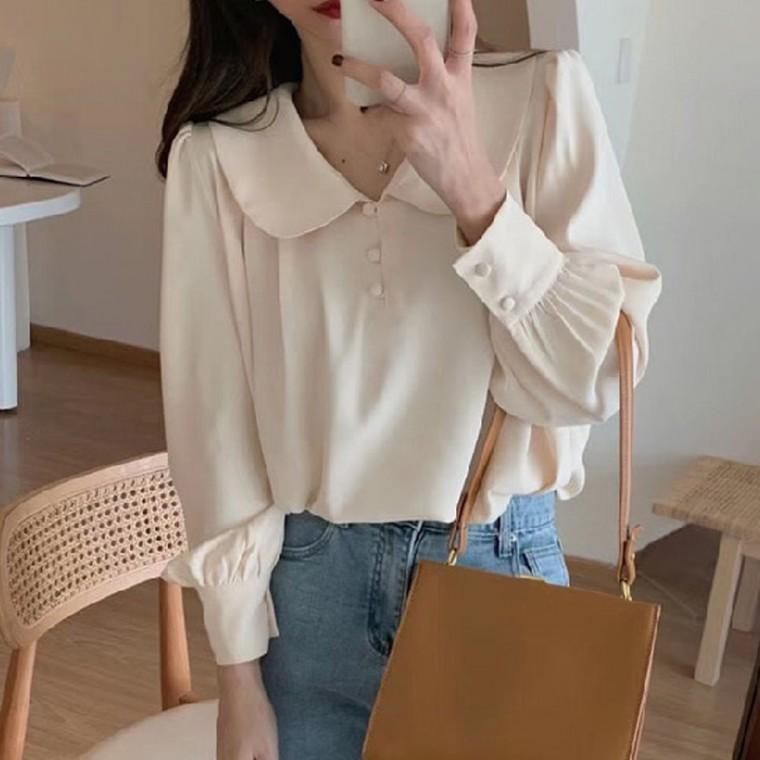 여자 데이트룩 둥근카라 쉬폰 긴팔 블라우스