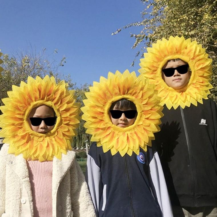 해바라기 얼굴 가면 머리띠 꽃 탈 여성 용품 행사용품 무도회가면 무대 생일 여성 42CM 대형 머리띠