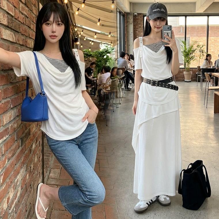 포커스줄레이어티 반팔 셔링 스트라이프 루즈 데일리