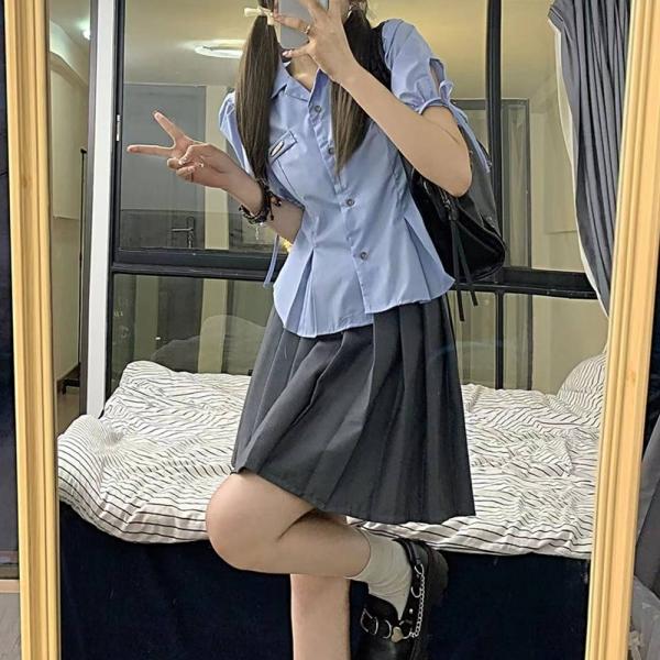 스카이블루 핀턱 리본 반팔 블라우스 세라복 교복세트